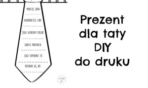 Laurka dla taty do wydruku w kształcie krawata. Wypełnij pola: "Pracuje jako", "Najbardziej lubi", "Ulubiony kolor", "Zawsze powtarza", "Supermoc" i "Kocham go, bo".