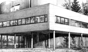 Architektoniczny rysunek z perspektywy ukazuje modernistyczny dom na palach, otoczony drzewami.