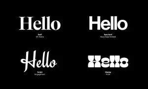 Cztery wersje napisu "Hello" w różnych stylach czcionki: szeryfowa, bezszeryfowa, skryptowa i wyświetlacza.