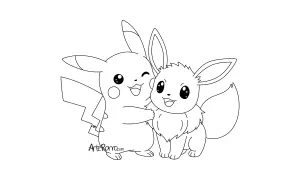 Pikachu obejmuje Eevee. Gotowe do pokolorowania kolorowanki pokemon ewolucje eevee.