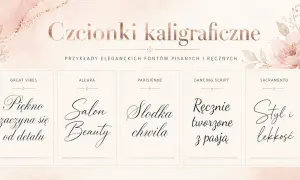 Odkryj ozdobne czcionki online: "Piękno zaczyna się od detalu", "Salon Beauty", "Słodka chwila", "Ręcznie tworzone z pasją", "Styl i lekkość".