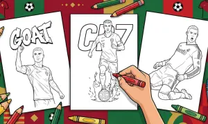 Ronaldo kolorowanka: trzy rysunki CR7 do pokolorowania. Rysunek z napisem "GOAT", CR7 z piłką i padający CR7.