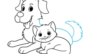 Prosty rysunek anime jak narysować kota i psa. Uroczy piesek i kotek siedzą obok siebie, gotowi do pokolorowania.