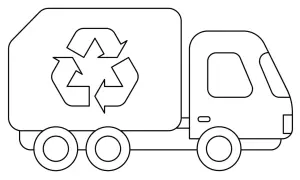Prosta śmieciarka kolorowanka z symbolem recyklingu. Gotowa do pokolorowania przez dzieci.