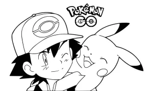 Ash i Pikachu, bohaterowie wszystkich pokemony kolorowanka, cieszą się wspólną chwilą.