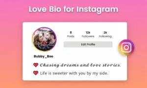 Przykładowy profil IG z parą, statystykami i inspirującym tekstem. Czcionka ig idealnie pasuje do romantycznego klimatu.