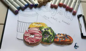 Fajne proste rysunki: kolorowe pączki, kubek i napisy.