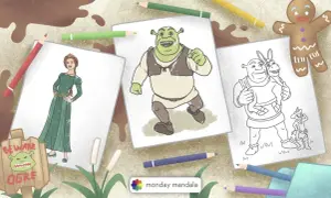 Jak narysować Shreka? Na stole leżą szkice postaci z bajki: Shrek, Fiona, Osioł i Kot w Butach. Obok kolorowe kredki i piernikowy ludzik.