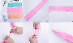 Instrukcja krok po kroku, jak zrobić girlandę diy z bibuły. Różowe paski bibuły zwijane w ozdobne frędzle.