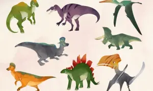Urocze dinozaury do wydruku: zielony parazaurolof, fioletowy tyranozaur, latający pterodaktyl, szary stegozaur, zielony triceratops i inne.