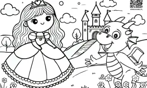 Urocza księżniczka i przyjazny smok czekają na pokolorowanie. Idealne kolorowanki dla dzieci do druku, by stworzyć własną bajkę.