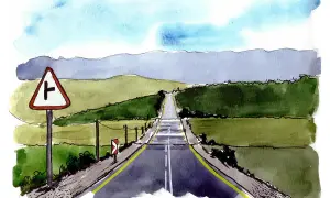 Akwarelowy **urban sketching** drogi prowadzącej przez zielone wzgórza pod błękitnym niebem. Znak drogowy ostrzega przed skrzyżowaniem.