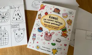 Książka "Kawaii. Jak rysować naprawdę urocze potrawy?" otoczona słodkimi rysunkami zwierząt i jedzenia.