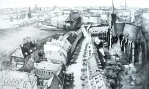 Widok z lotu ptaka na miasto z rzeką i kościołem. Bardzo trudne rysunki detali architektonicznych i dachów.