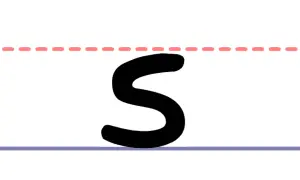 Czarna litera "s" pisane, na białym tle, między linią pomocniczą a linią bazową.