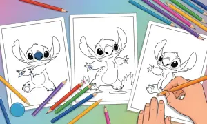 Kolorowanki Stitch gotowe do pokolorowania. Rysunki z uroczym Stichiem i kredki czekają na kreatywność.