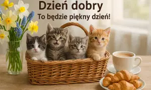 Cztery urocze kociaki w koszyku, bukiet żonkili i kawa. Idealne darmowe kartki na cały tydzień!