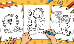 Trzy strony z Garfieldem do pokolorowania. Dziecko koloruje jednego z kotów, podczas gdy inne czekają na swoją kolej.