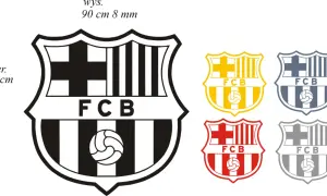Czarno-białe logo FC Barcelona do pokolorowania, obok mniejsze wersje w kolorach: żółtym, niebieskim, czerwonym i szarym. Idealne dla fanów FC Barcelona kolorowanka.