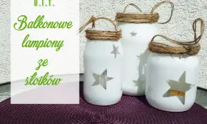 Balkonowe lampiony ze słoików, ozdobione sznurkiem i gwiazdkami, tworzą nastrojowy świecznik ze słoika.