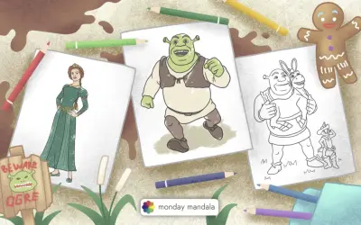 Jak narysować Shreka? Na stole leżą szkice postaci z bajki: Shrek, Fiona, Osioł i Kot w Butach. Obok kolorowe kredki i piernikowy ludzik.