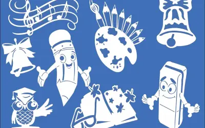 Urocze dekoracje na rozpoczęcie roku szkolnego do druku: wesoła kredka, sowa w birecie, dzwonki, nuty, paleta z pędzlami i gumka.