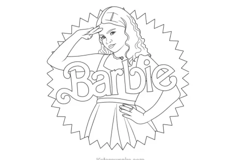 Kolorowanki Barbie: dziewczynka w stroju z napisem Barbie, gotowa do pokolorowania.