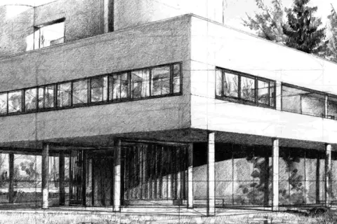Architektoniczny rysunek z perspektywy ukazuje modernistyczny dom na palach, otoczony drzewami.