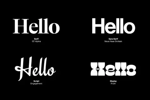 Cztery wersje napisu "Hello" w różnych stylach czcionki: szeryfowa, bezszeryfowa, skryptowa i wyświetlacza.