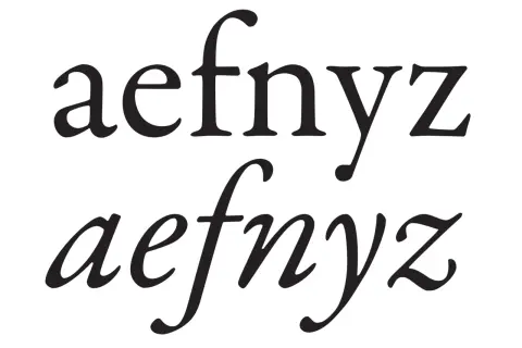 Dwa zestawy liter: "aefnyz" w czcionce prostej i "aefnyz" w kursywie, inaczej.
