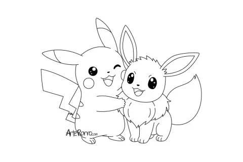 Pikachu obejmuje Eevee. Gotowe do pokolorowania kolorowanki pokemon ewolucje eevee.