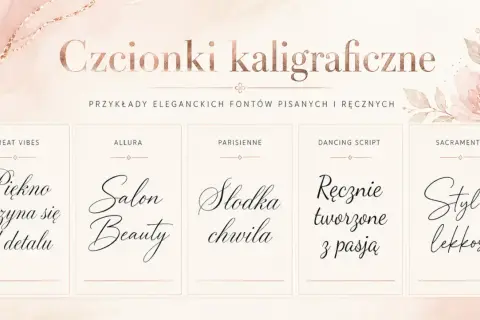 Odkryj ozdobne czcionki online: "Piękno zaczyna się od detalu", "Salon Beauty", "Słodka chwila", "Ręcznie tworzone z pasją", "Styl i lekkość".
