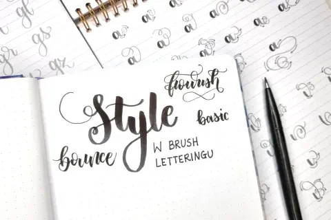 Różne rodzaje pisma ręcznego: styl, bounce, flourish, basic. Ćwiczenia liter w zeszycie.