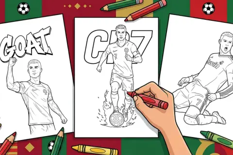 Ronaldo kolorowanka: trzy rysunki CR7 do pokolorowania. Rysunek z napisem "GOAT", CR7 z piłką i padający CR7.