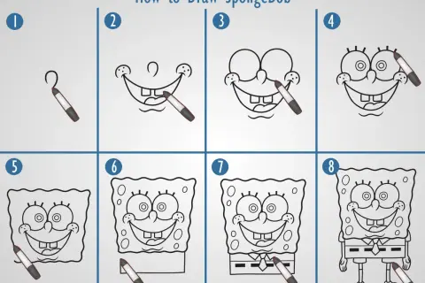 Instrukcja krok po kroku, jak narysować Spongeboba. Łatwy spongebob rysunek do naśladowania.