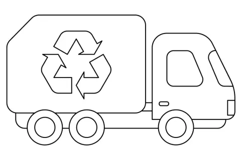 Prosta śmieciarka kolorowanka z symbolem recyklingu. Gotowa do pokolorowania przez dzieci.