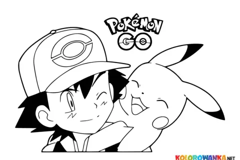 Ash i Pikachu, bohaterowie wszystkich pokemony kolorowanka, cieszą się wspólną chwilą.
