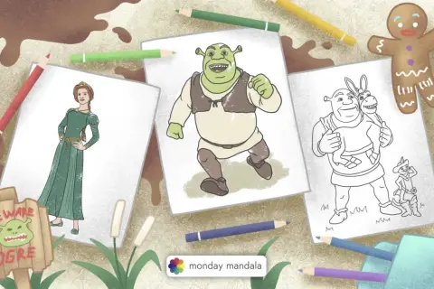 Jak narysować Shreka? Na stole leżą szkice postaci z bajki: Shrek, Fiona, Osioł i Kot w Butach. Obok kolorowe kredki i piernikowy ludzik.