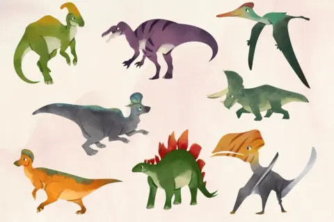 Urocze dinozaury do wydruku: zielony parazaurolof, fioletowy tyranozaur, latający pterodaktyl, szary stegozaur, zielony triceratops i inne.