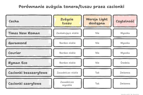 Porównanie zużycia tuszu przez czcionki: Times New Roman, Garamond, Courier, Ryman Eco, bezszeryfowe i szeryfowe. Niektóre dziwne czcionki zużywają mniej tuszu.