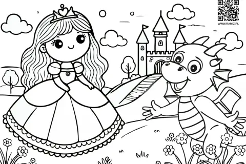 Urocza księżniczka i przyjazny smok czekają na pokolorowanie. Idealne kolorowanki dla dzieci do druku, by stworzyć własną bajkę.