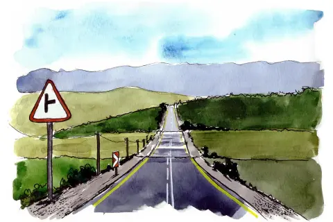 Akwarelowy **urban sketching** drogi prowadzącej przez zielone wzgórza pod błękitnym niebem. Znak drogowy ostrzega przed skrzyżowaniem.
