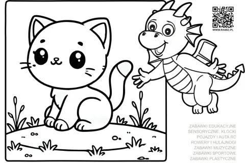 Proste kolorowanki: uroczy kotek i wesoły smok czekają na Twoje kredki.