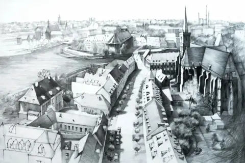 Widok z lotu ptaka na miasto z rzeką i kościołem. Bardzo trudne rysunki detali architektonicznych i dachów.