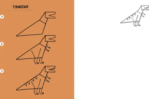 Prosty t rex rysunek dla dzieci, pokazujący kolejne etapy tworzenia dinozaura.
