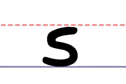 Czarna litera "s" pisane, na białym tle, między linią pomocniczą a linią bazową.