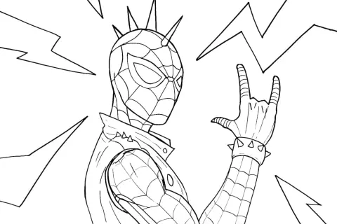 Czarno-biały rysunek Spidermana w stylu punk rocka, idealny do kolorowania. Pokazuje bohatera z kolcami na głowie i gestem "rock on".