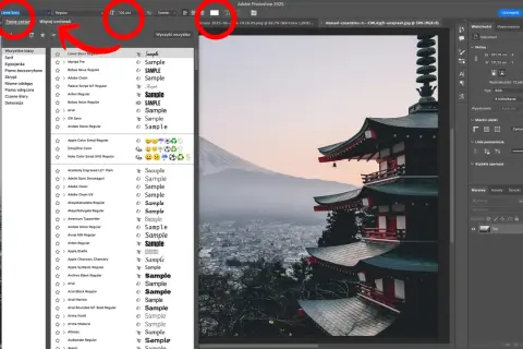 Jak dodać czcionkę do Photoshop: wybierz "Więcej czcionek", by przeglądać i instalować nowe fonty.