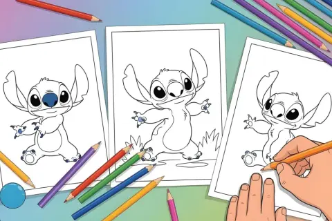 Kolorowanki Stitch gotowe do pokolorowania. Rysunki z uroczym Stichiem i kredki czekają na kreatywność.