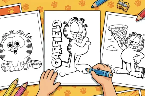 Trzy strony z Garfieldem do pokolorowania. Dziecko koloruje jednego z kotów, podczas gdy inne czekają na swoją kolej.